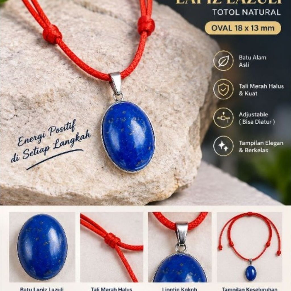 kalung tali merah halus liontin batu lapiz lazuli natural oval terbaik