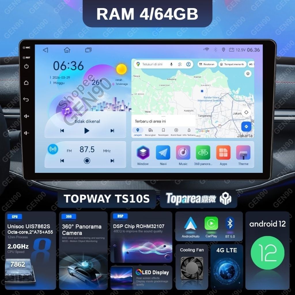 Head Unit Android TOPWAY TS10S RAM 4/64GB QLED Support 360 4G LTE DSP UIS7862 TS10