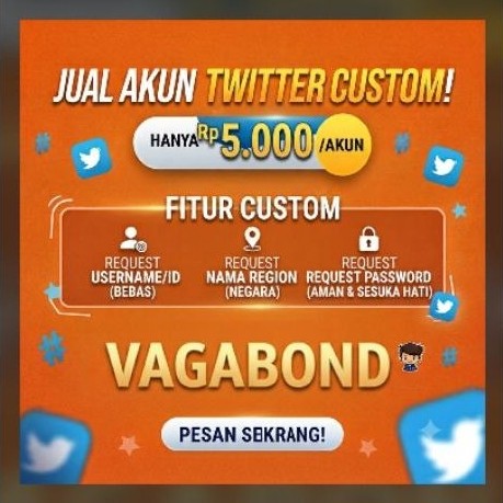 Jual Akun Twitter Custom Vagabond dengan Request Username, Nama Region, dan Password