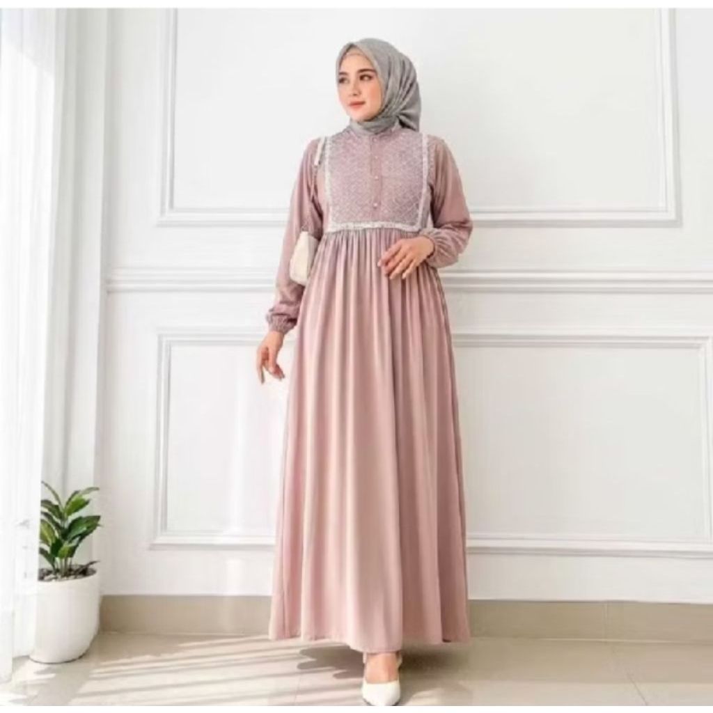 TERLARIS GAMIS MUSLIMAH YURA MIDI POLOS RAYON TWILL KOMBINASI BRUKAT