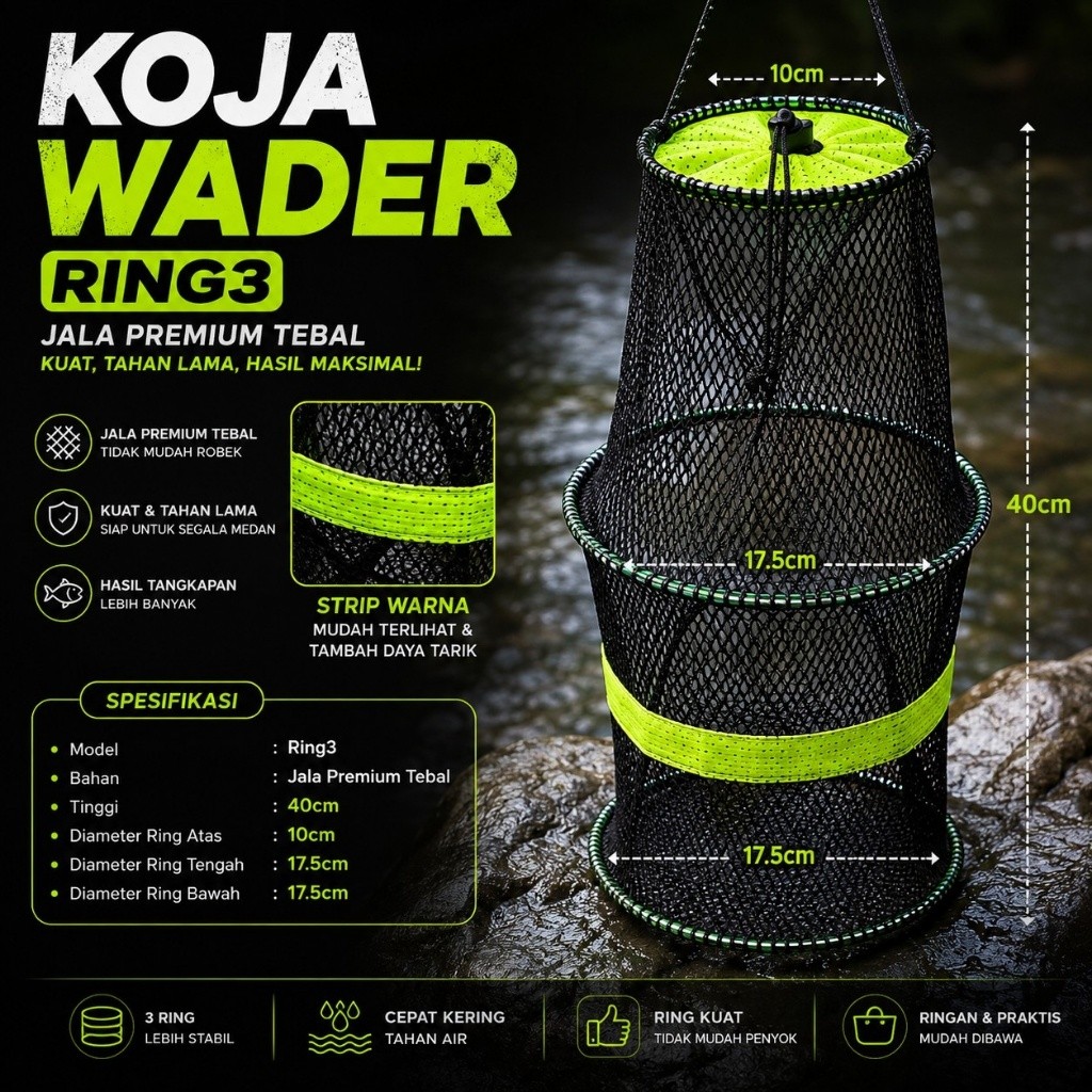 Koja Wader Ring 3 Besi Anti Karat | Jaring Penampung Ikan Hidup | Ring Kuat Serut Aman untuk Mancing
