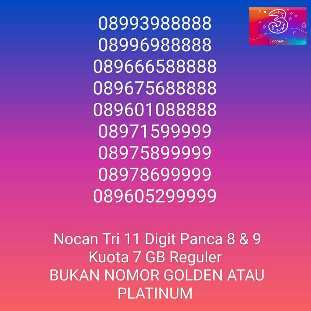 BUKAN NOMOR ELITE PLATINUM ATAU GOLDEN NOCAN Nomor Cantik 11 Digit Panca 8 & 9 Kartu Perdana 3 Tri T