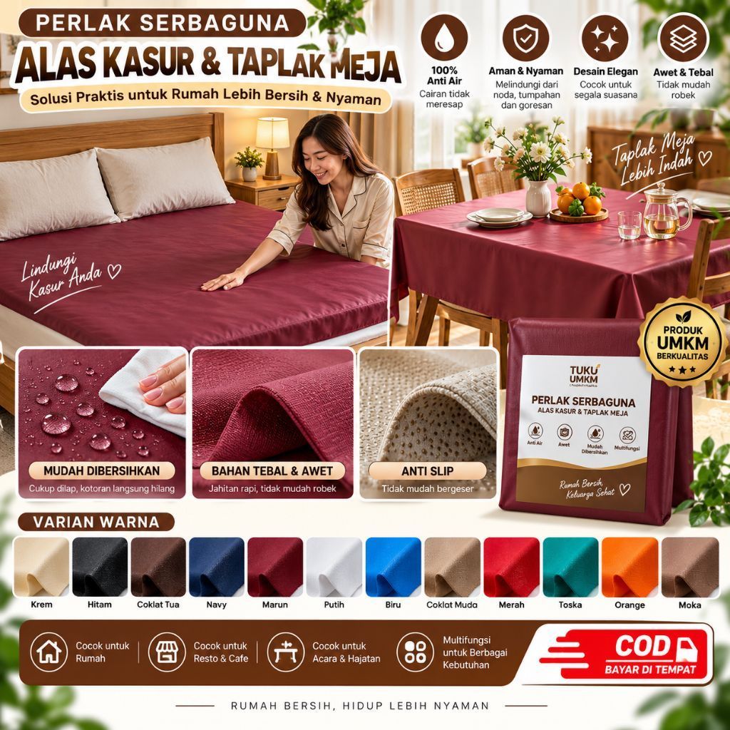 Perlak Kasur Meteran Waterproof Anti Air Tebal /Taplak Meja Serbaguna