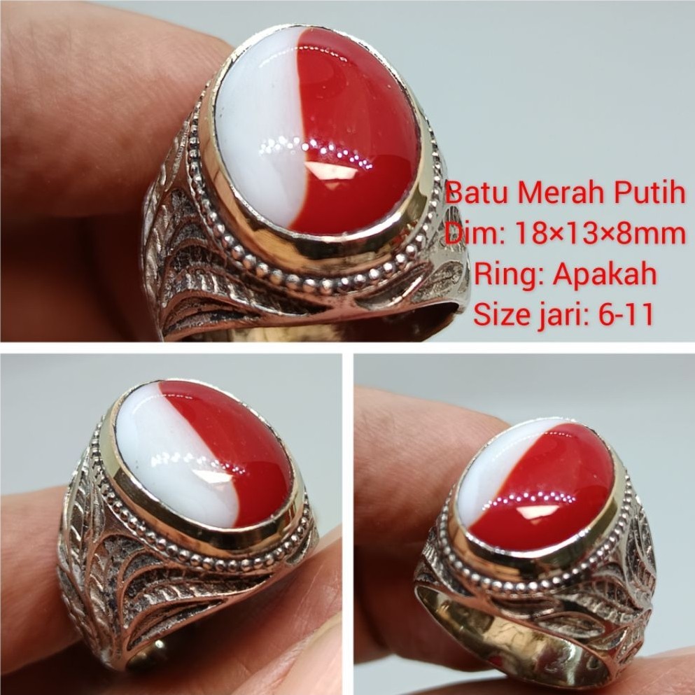 CINCIN BATU AKIK MOTIF MERAH PUTIH CRYSTAL DIM BATU EST 18×13×10 MM RING ALPAKA SIZE JARI 6-11