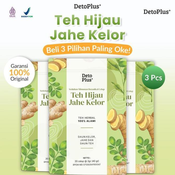 [Bpom] 3 Teh Hijau Jahe Kelor Detoplus - Teh Celup Minuman Rempah Alami Daun Kelor, Jahe, Daun Teh -