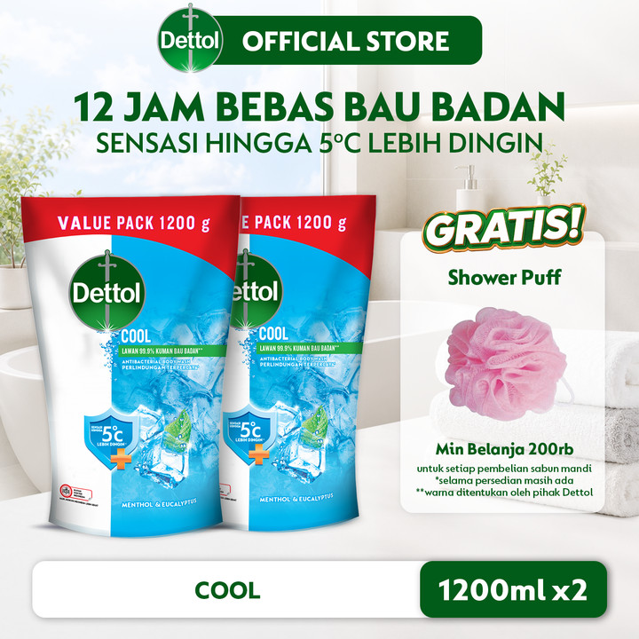 Dettol Antibacterial Liquid Bodywash Cool (2 pcs) - 1200ml (Sabun Mandi Cair Antibakteri Dengan Sensasi Lebih Dingin Untuk 12 Jam Bebas Bau Badan)