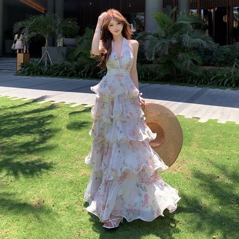 Dress panjang putih pantai wanita korea