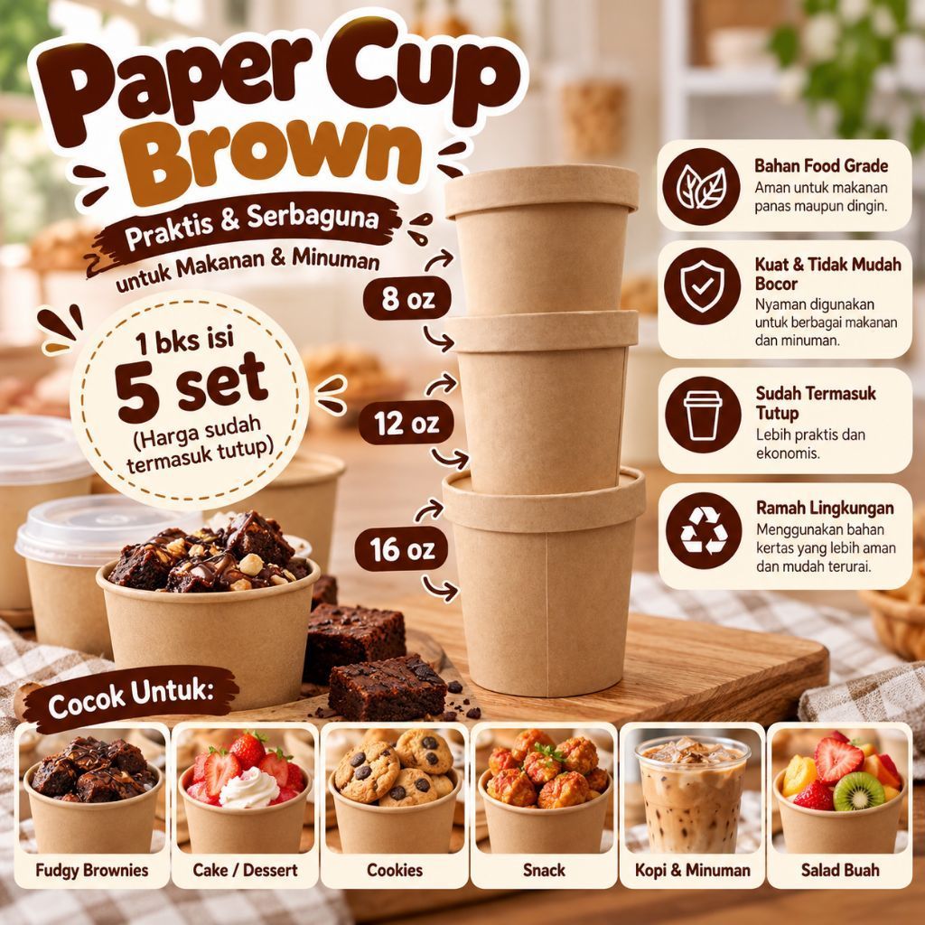 Paper Cup Brown 8oz 12oz 16oz ISI 5 SET | Cup Sup 8oz 12oz 16oz | Paper Bowl Kraft 8oz 12oz 16oz