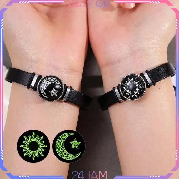 SUNDDAYBEST 1pcs Gelang Cople Pasangan Aestetic Aksesoris Gelang Bulan Dan Matahari Kulit Gelang Mat