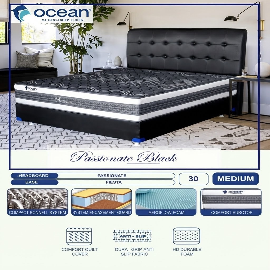 Kasur Ocean Passionate Fiesta 30 Medium dengan Headboard Base Passionate Black / Matras Ocean Passio