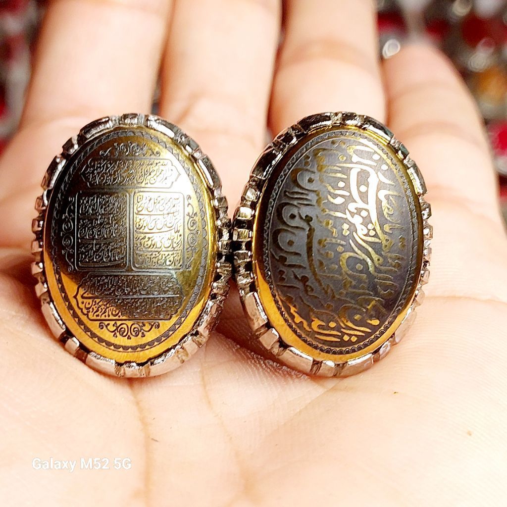 Cincin batu bluestine kaligrafi arab emas asli dim 25 mm ring cakar irania