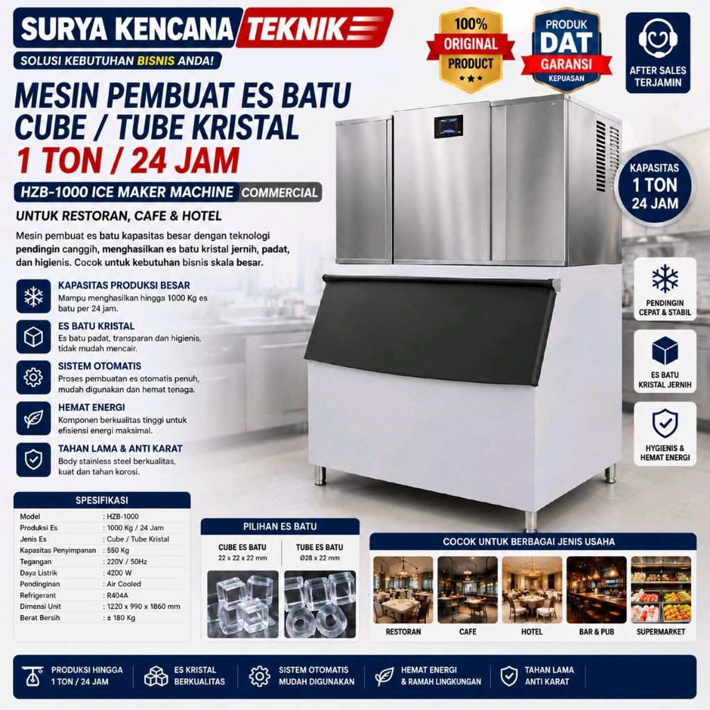Mesin Pembuat Es Batu Cube / Tube Kristal 1 Ton HZB-1000 Ice Maker Machine Commercial untuk Restoran