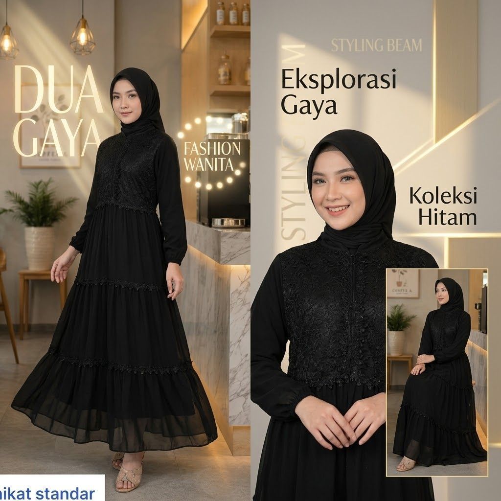 Gamis Hitam Dewasa Cerutty Babydoll Premium Susun Tingkat Kombinasi Renda Dada / Dress Gamis Hitam  