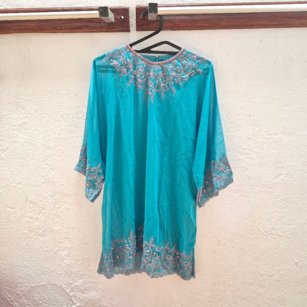 Tunik Wanita Biru Tosca Biru Muda Chiffon Payet Bordir Kaftan Style Nestu Collection
