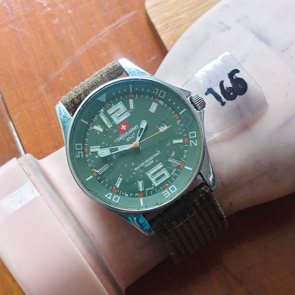 166 - Jam Tangan Swiss Army dhc+ 392M - Dial Hijau Army Style Diver/Field - Strap Kanvas Hijau