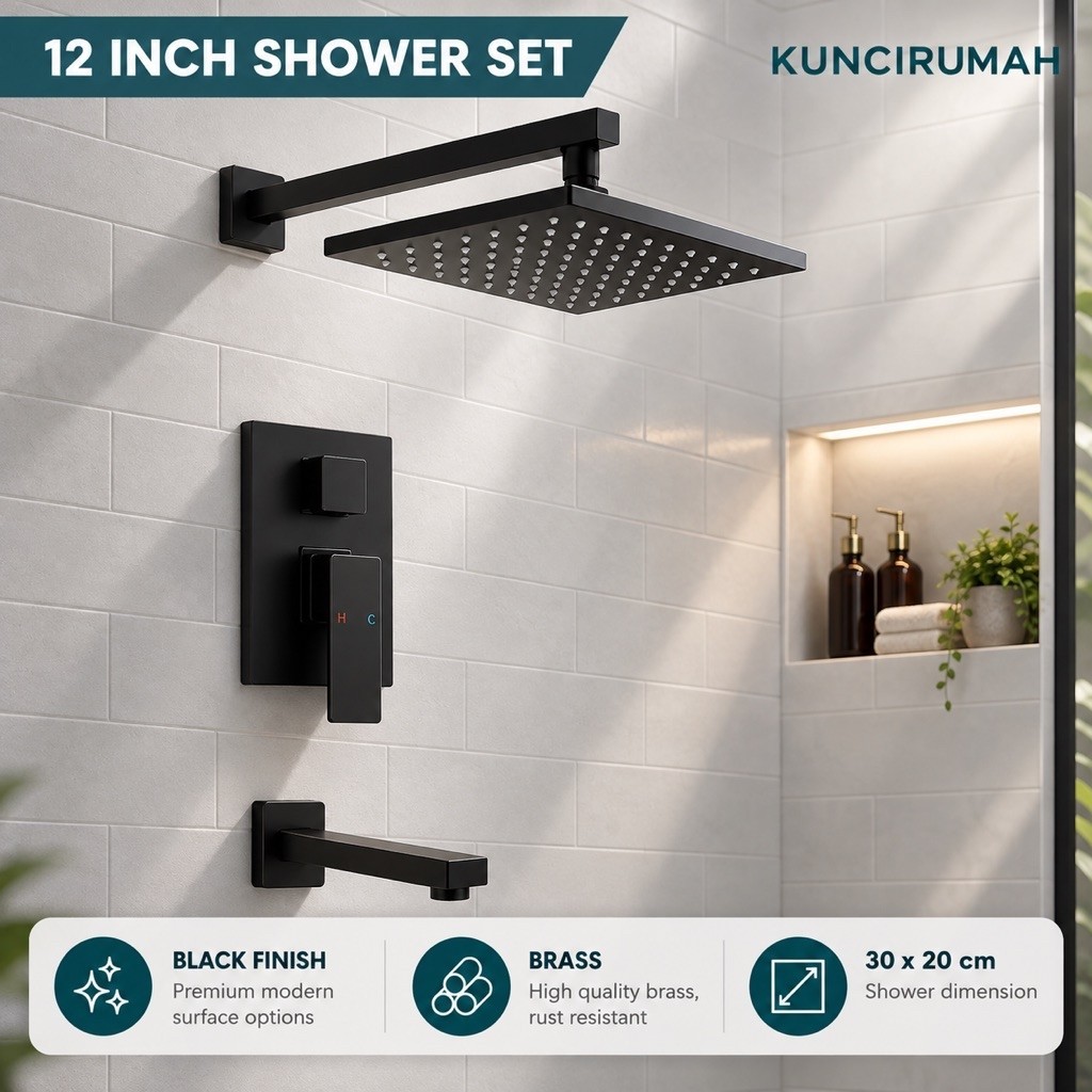 Wall shower set hitam 12 inch kuningan Shower set Kran tanam shower tembok