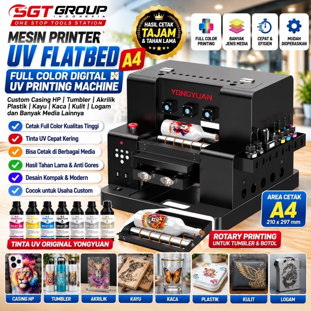 Mesin Printer UV Flatbed A4 Full Color Digital UV Printing Machine Printer Casing HP Tumbler Akrilik