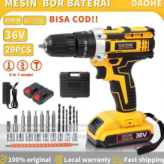 DAOHE Mesin Bor Baterai 36vf 25+3 Cordless Impact Lengkap 2 Baterai Fullset Koper 35NM 10MM Chuck 10