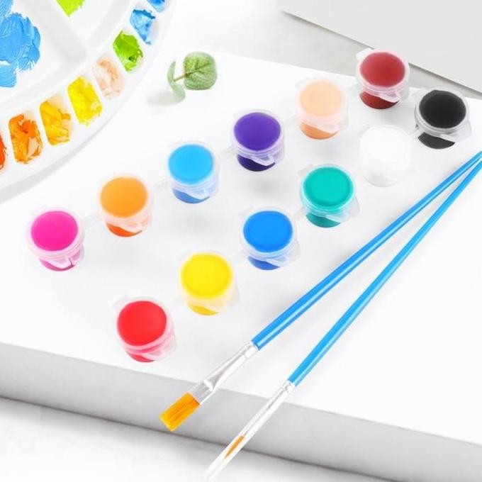 

TERFAVORIT 1 SET CAT LUKIS AKRILIK MINI UKURAN 3ML ISI 6, 12 DAN 18 WARNA TERANG FREE KUAS