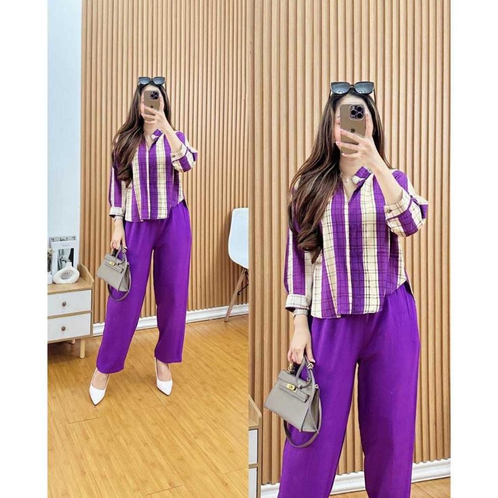 Hot Sale Sa-324 Set One Bela Ld 110 Muat Bb 40-75 One Set  Bahan Rayon Kemeja Salur Wanita Lengan Pa