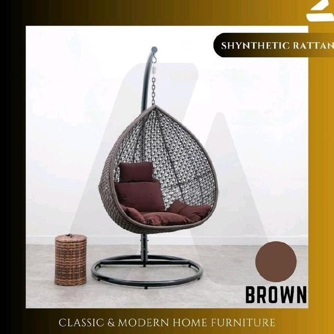 KURSI AYUNAN GANTUNG PIR ROTAN SINTETIS SET JOK BANTAL DUDUKAN / BANGKU TERAS AYUNAN GOYANG INDOOR O