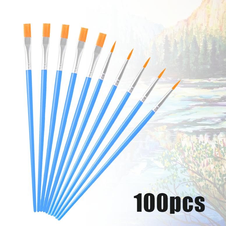

100 Pcs Kuas Lukis Flat Kuas Nylon Datar Kuas Lukis Ujung Pointed Dan Flat Kuas Cat Acrylic Kuas Artist Paint Brush