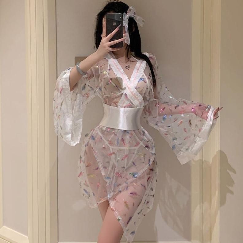 [Purelove]Set pakaian dalam seksi kimono transparan bermotif jala seksi
