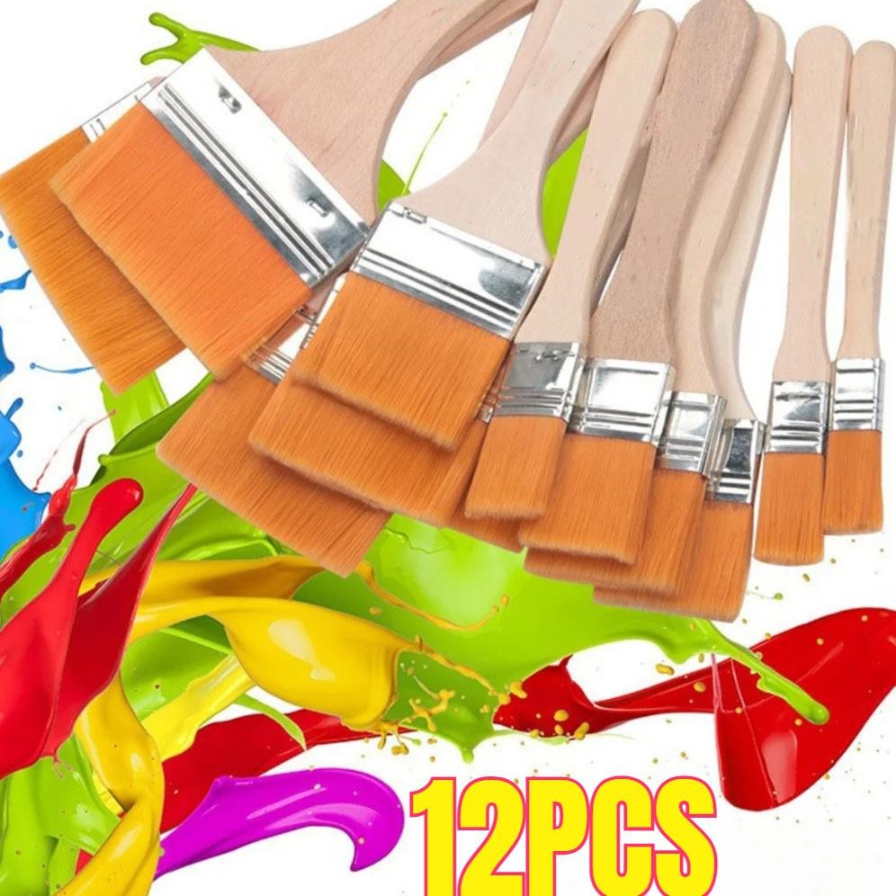 

12pcsSet Kuas Lukis Lebar Gagang Kayu Kuas Bulu Nylon Kuas Lukis Bali Artist Flat Painting Brush