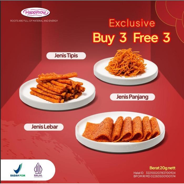 

LS Latio Buy 3 get 3 jenis bentuk 20gr Happy Now Snack tidak keras aman di konsumsi halal dan BPOM stick pedas kaya rasa enak dan gurih