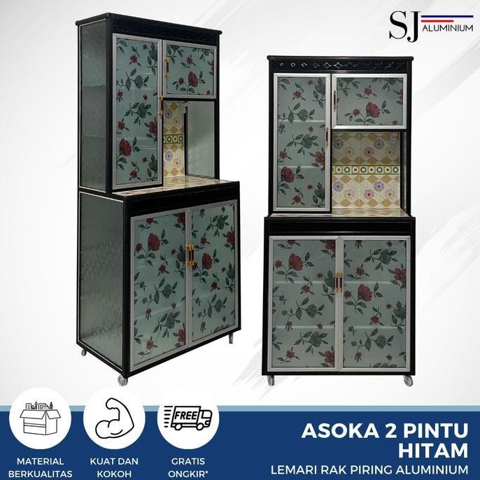 Rak Piring Lemari Dapur Kaca Aluminium - Asoka 2 Pintu Hitam