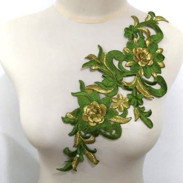 .........] Renda Aplikasi Bordir Tabur / Patch Bordir Bunga Rosa Hijau Lumut-Emas