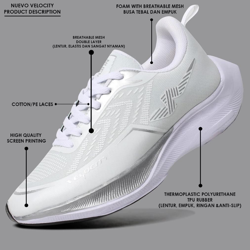 Kuke Nuevo - Sepatu Running Nuevo Velocity Putih Silver Olahraga Jogging Lari Pria Ok75