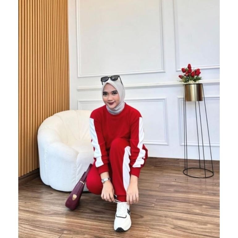 fx-76 hj-64 NIRA SETELAN MERAH / SETELAN JOGGER / BAJU SETELAN WANITA / ONE SET CELANA / SETELAN BAJ