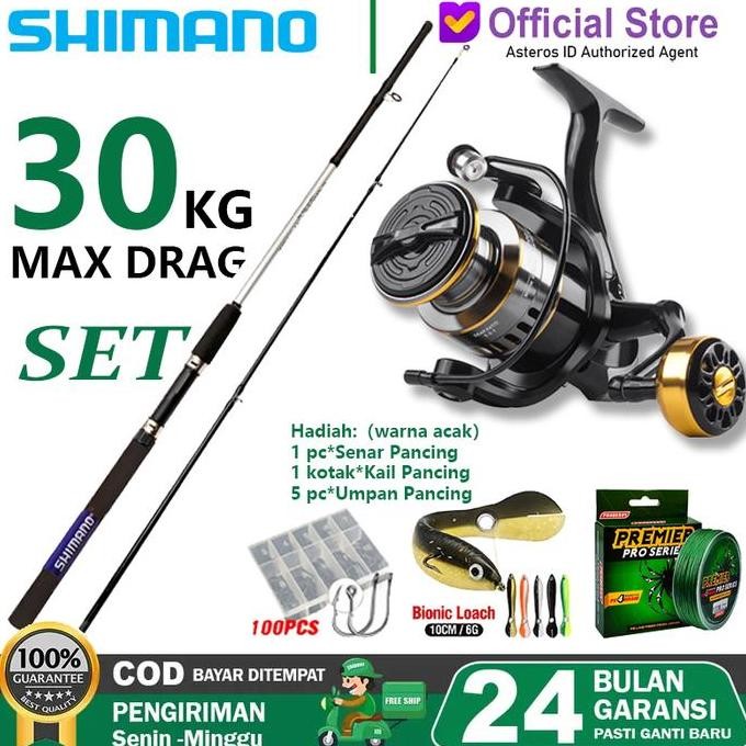 SHIMANO Joran Pancing Carbon 180-300cm Spinning Reel Set dengan EVA Grip dan Bait Chrome Lure Metal 