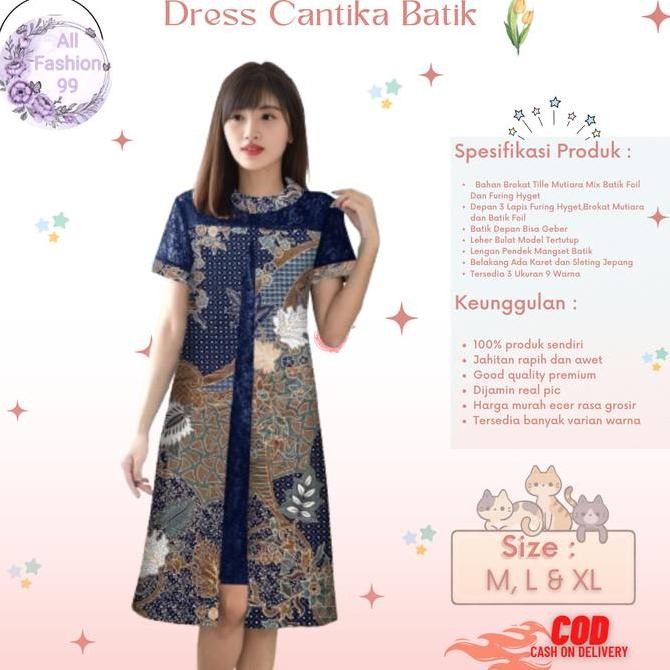 Alf-Dress Cantika Girl Midi Model Terbaru Matt Batik Kombinasi Brokat Mutiara Modern Elegant Cocok U