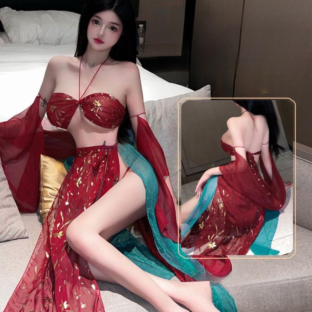 kesayangan69 Setelan Jala Gaya Eksotis Gaun Tidur Gaya Kuno Atasan Tabung Retro Siaran Pakaian Hidup