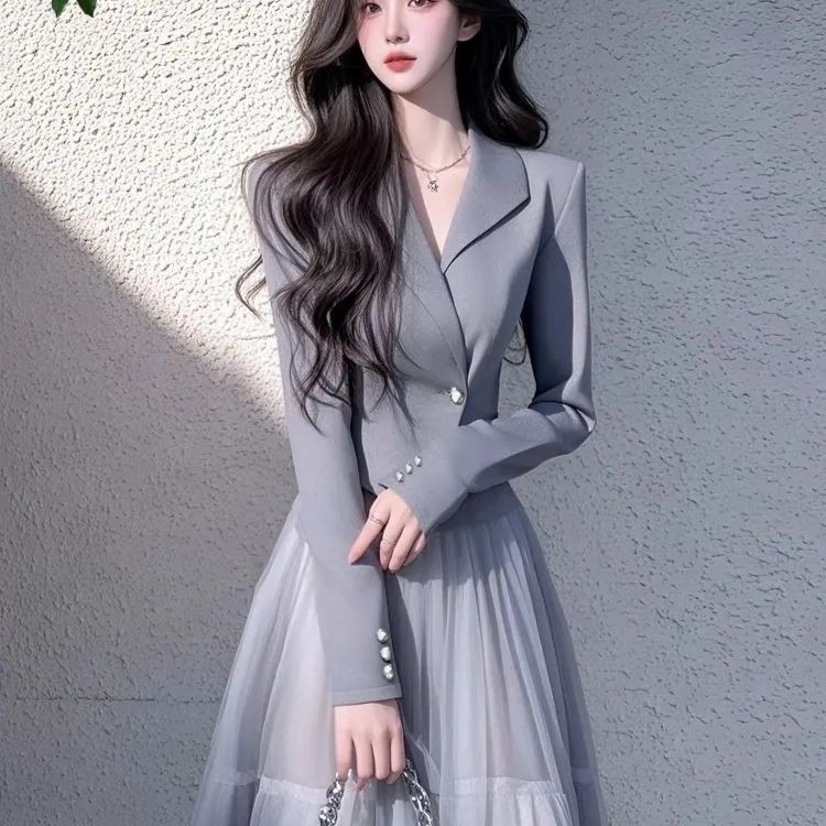 Set Blazer Abu-abu Gaya Chanel Kecil Elegan Mewah Baru dengan Rok Jala