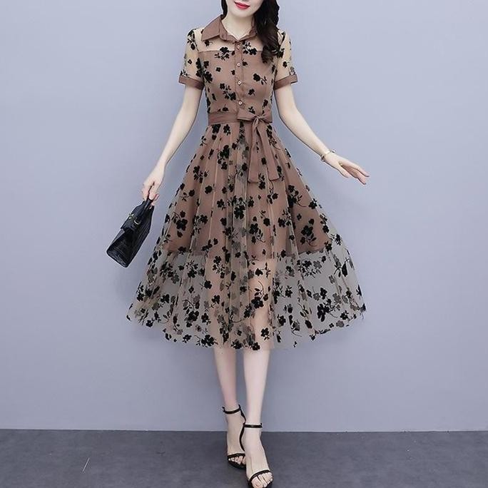 FANMU 4097 wanita gereja dress simpel elegan korean style party kristen selutut brokat wanita kekini