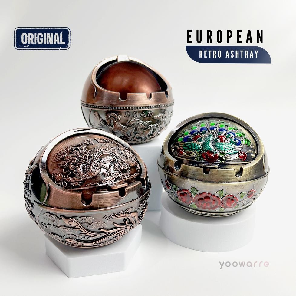 Asbak Rokok Logam Retro Tahan Angin Dengan Tutup Gaya Eropa Ashtray Vintage Metal