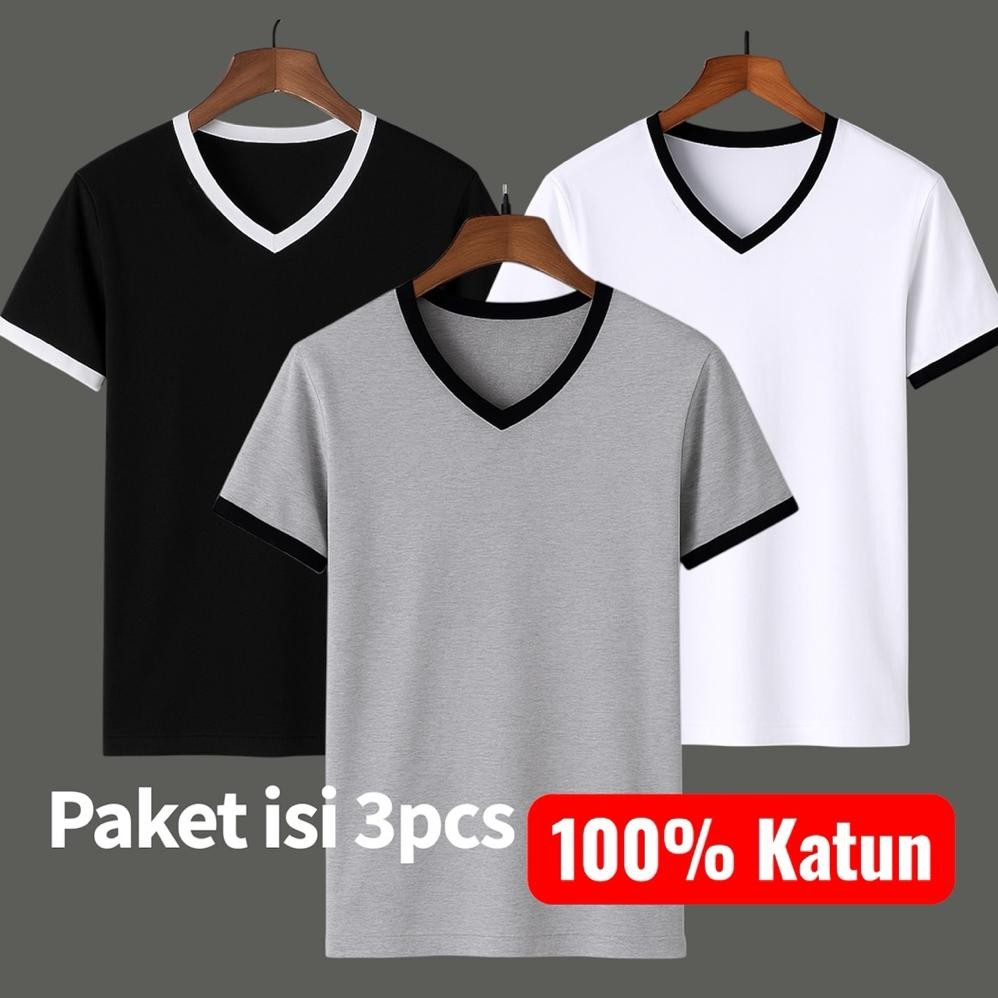 Murah Kaos Polos V Neck Pria Bahan 100% Cotton Adem - Isi 3Pcs