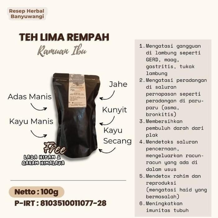 

HS TEH LIMA REMPAH RAMUAN IBU JAHE, KUNYIT, KAYU MANIS, SECANG, DAN ADAS MANIS