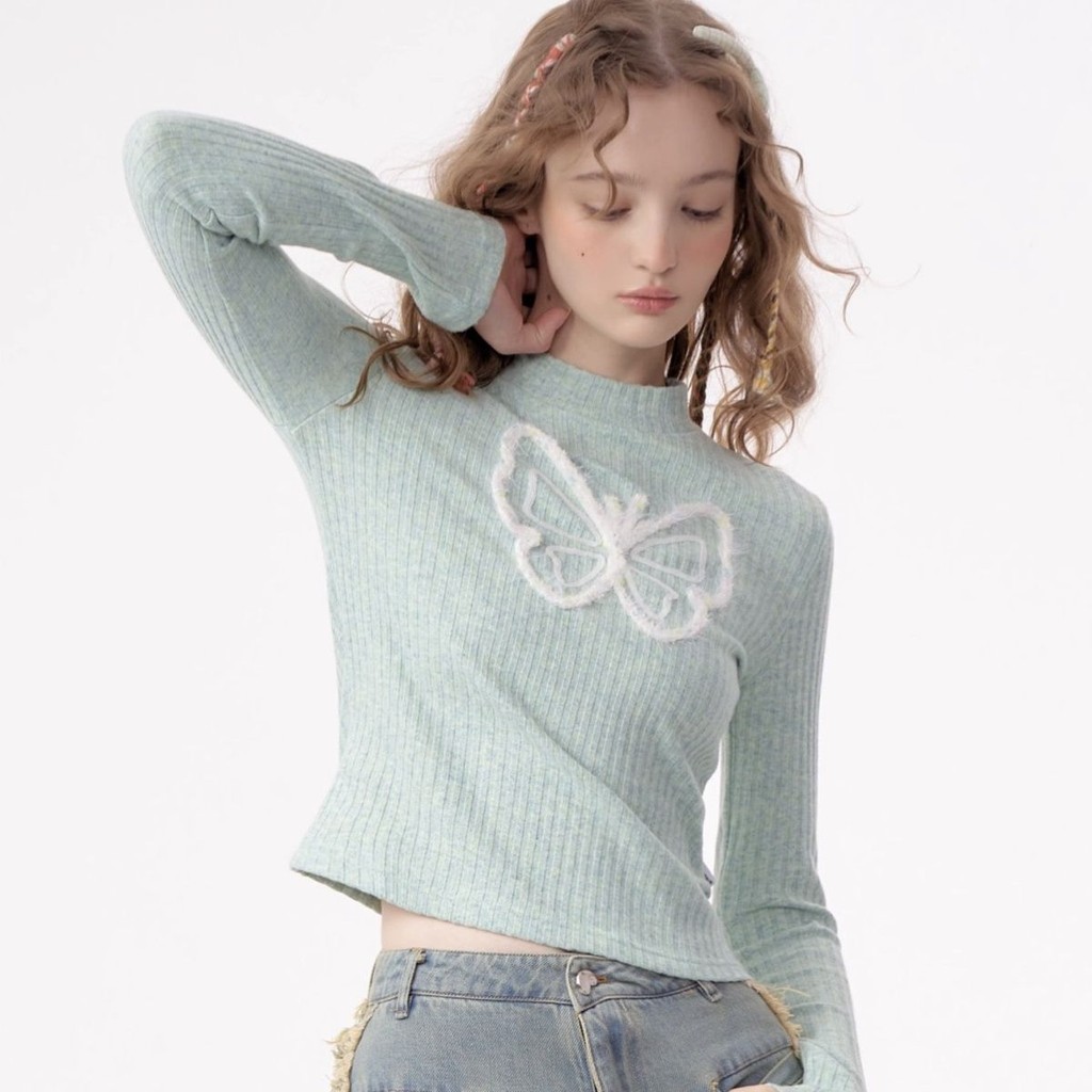 Verve WardrobeAtasan Kaos Lengan Panjang Musim Gugur Dan Musim Dingin Retro Amerika Dengan Bordir Ku