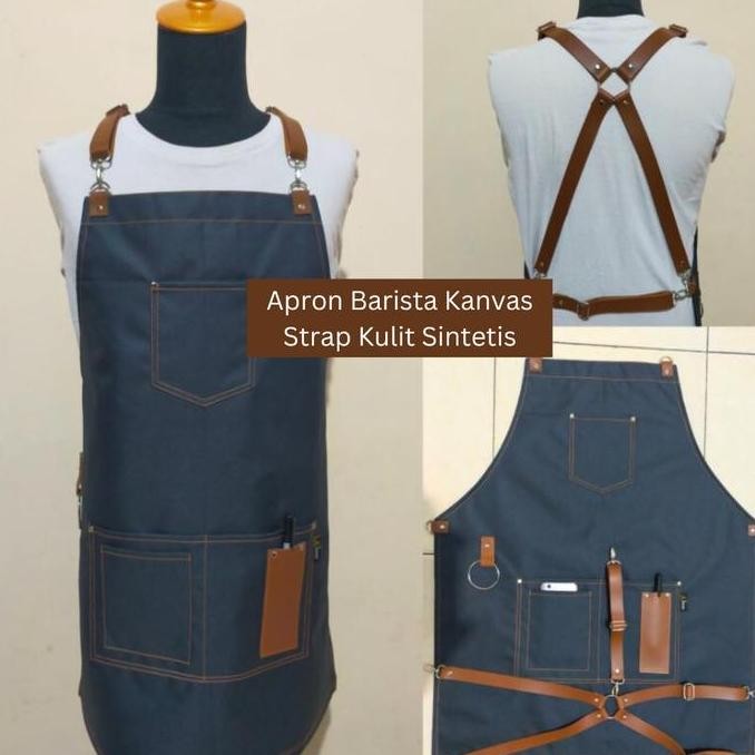 TERLARIS Apron Barista Bahan Canvas Strap Kulit Sintetis Premium