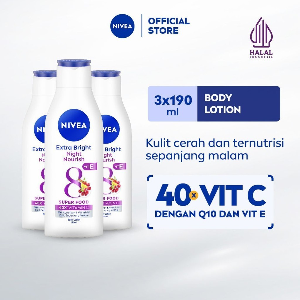 (PAKET HEMAT ISI 3) NIVEA Body Lotion Extra Bright Night Nourish Vit E 190ml - Hand body lotion mois