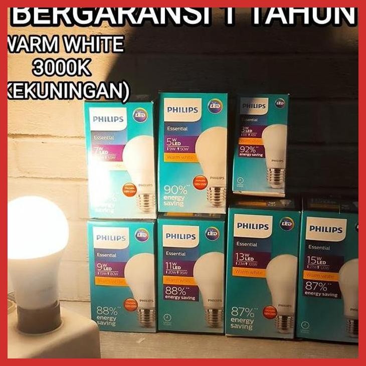 PROMO LAMPU LED PHILIPS ESSENTIAL 3W 5W 7W 9W 11W 15 WATT WARM WHITE 3000K (LISTRIK LAMPU RUMAH TANG