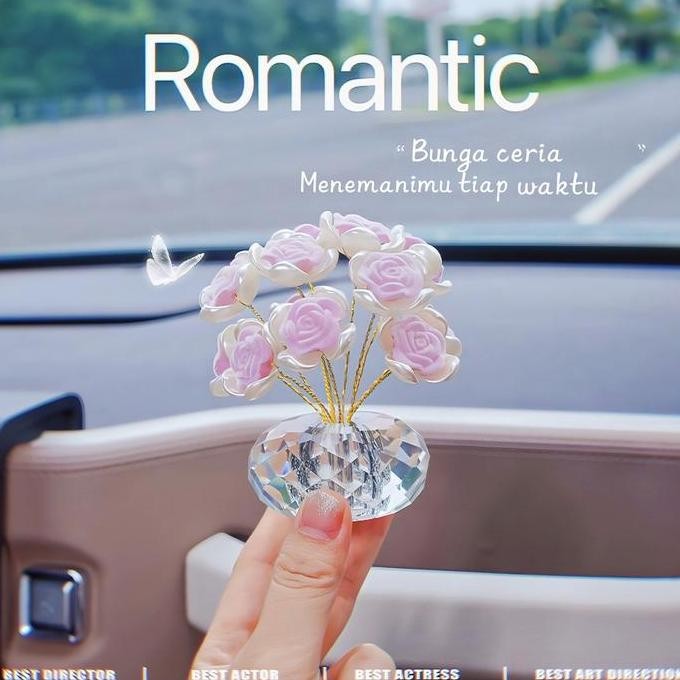 NEW - [ FREE BOTOL PARFUM ] Pajangan Dashboard Bunga Kristal Mewah Hiasan Mobil Mawar Merah Elegan +