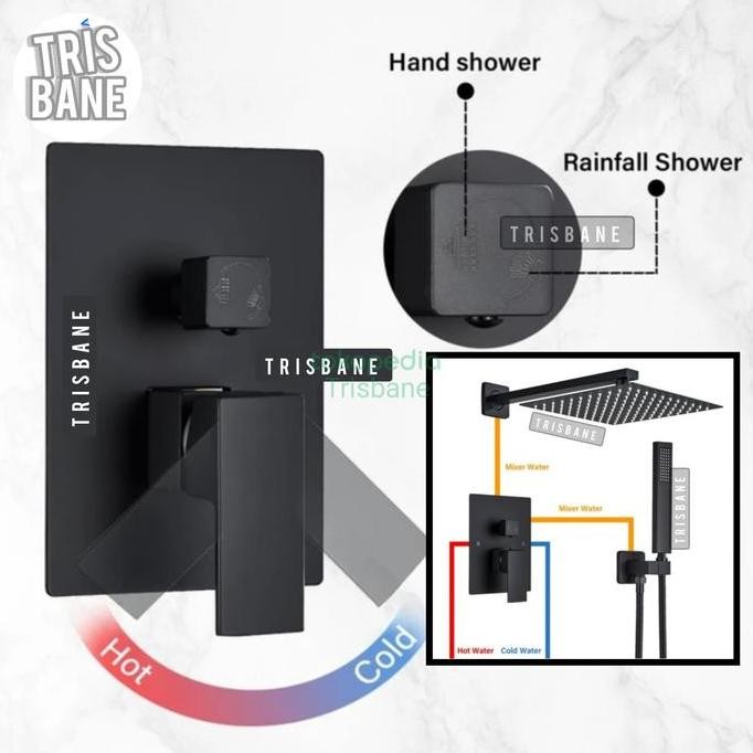 Shower Set Hitam Big Size 10 Inch Wall Shower Mandi Tanam Premium Black Keran