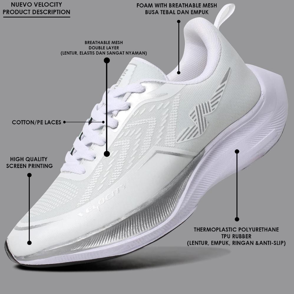 Ct_C1077 Nuevo - Sepatu Running Nuevo Velocity Putih Silver Olahraga Jogging Lari Pria Is75