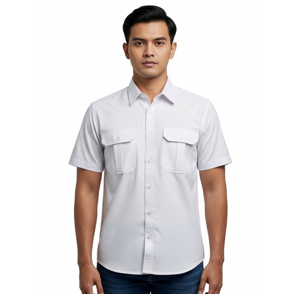 TOPTEN Kemeja Workshirt Lengan Pendek saku dua Putih