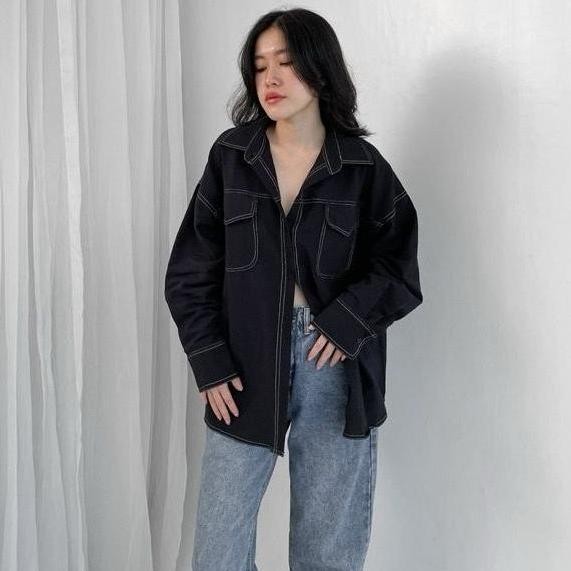 ALOHA 2103 - Keyla Linen List Overshirt | Kemeja Linen Oversize Wanita | Atasan Basic Casual Cargo D